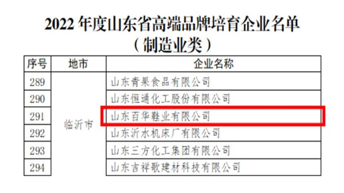 喜報|百華鞋業(yè)成功入選2022年度山東省高端品牌培育企業(yè)名單